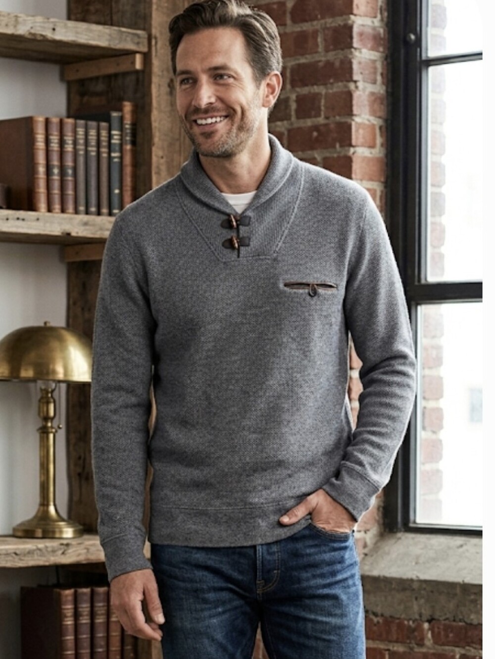 Billy Reid Knit Shawl Collar Welt Pocket Long Sleeve Blue/Gray Sweater Size L